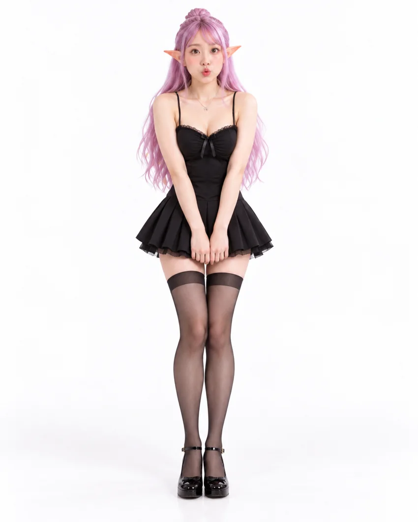 CatSumie wearing a black mini dress with black stockings