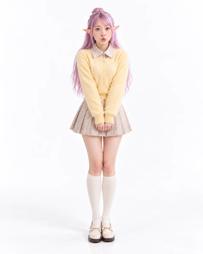 CatSumie facing forward in her classic yellow cardigan