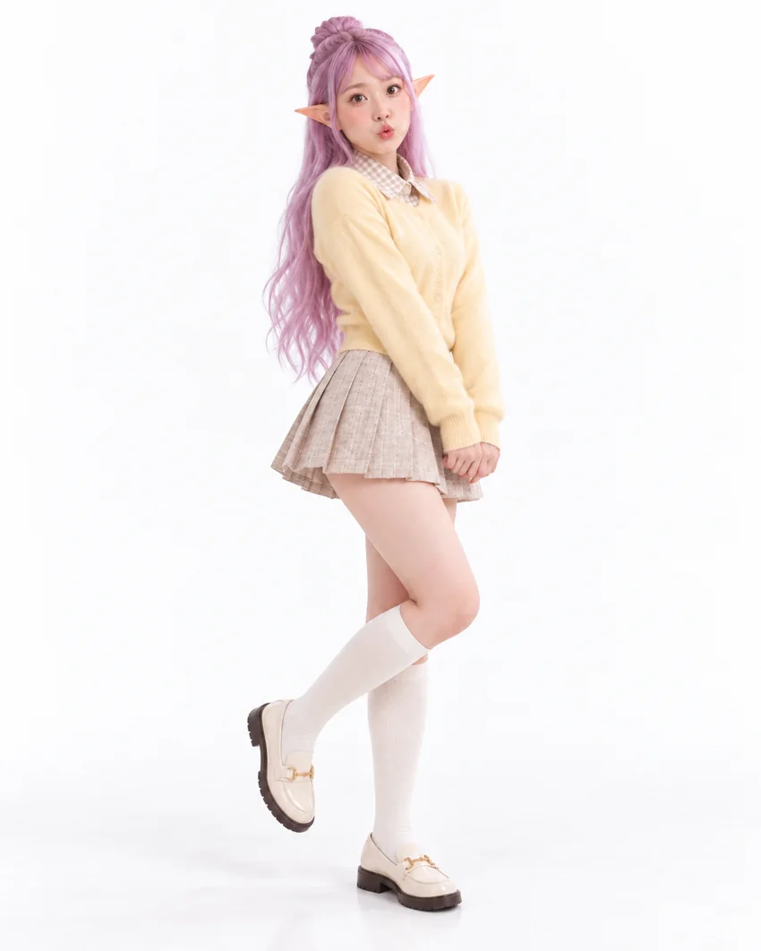 CatSumie wearing a yellow cardigan and pleated beige skirt in a three-quarter pose