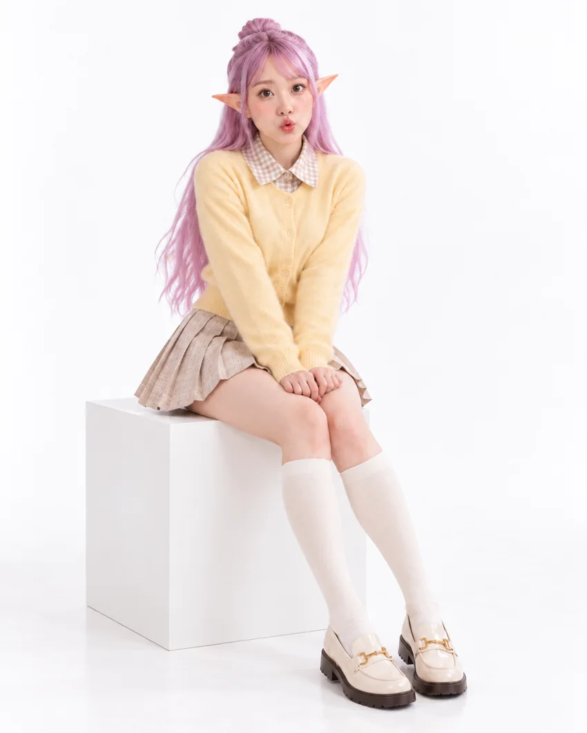 CatSumie sitting in yellow cardigan and beige skirt