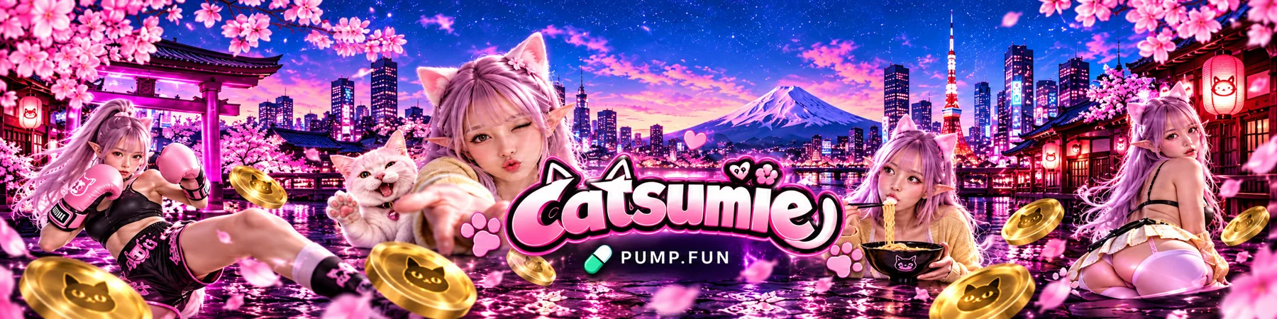 CatSumie neon Sakura Japanese cityscape panoramic meme banner