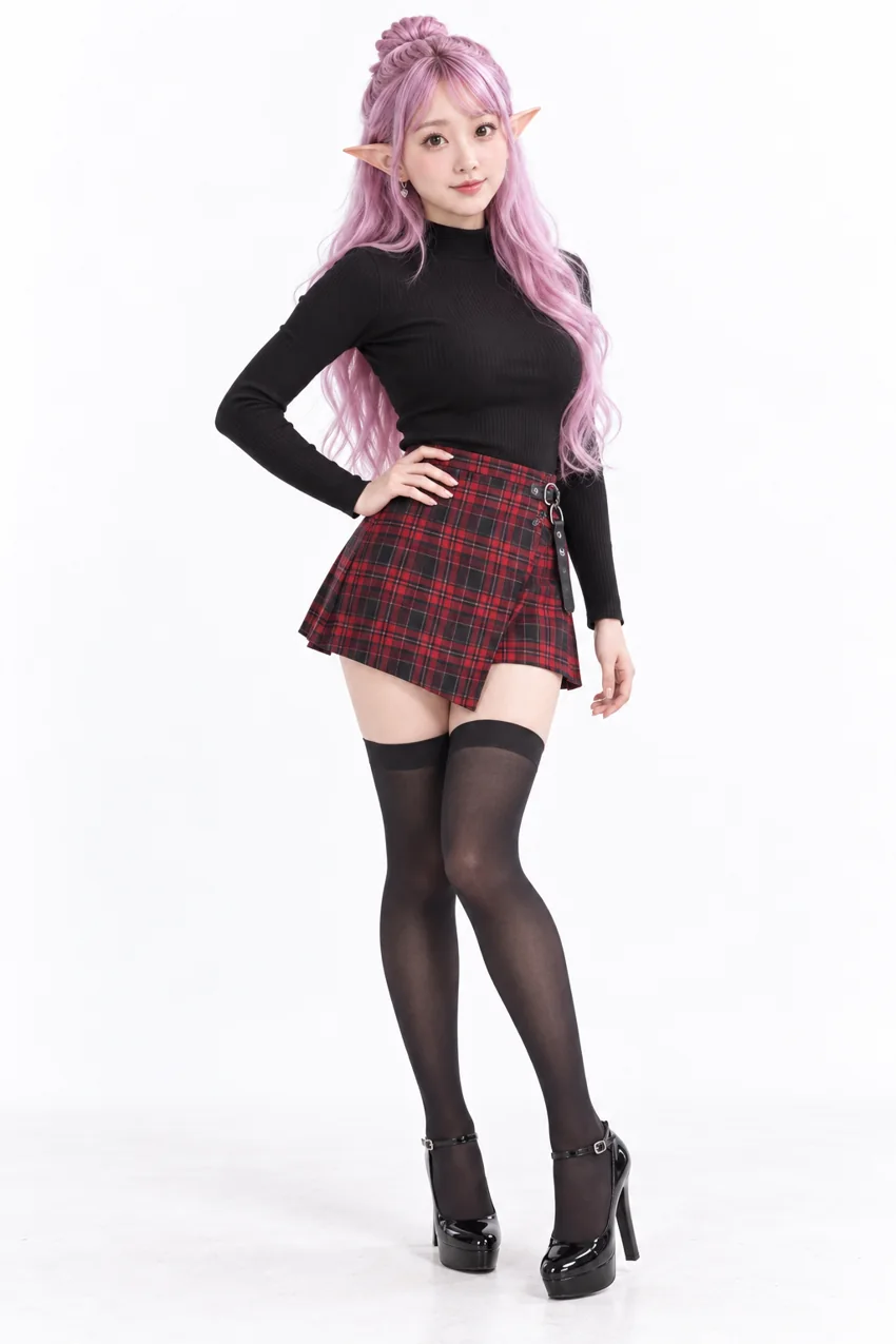CatSumie wearing a black top, red plaid mini skirt and black thigh-high stockings